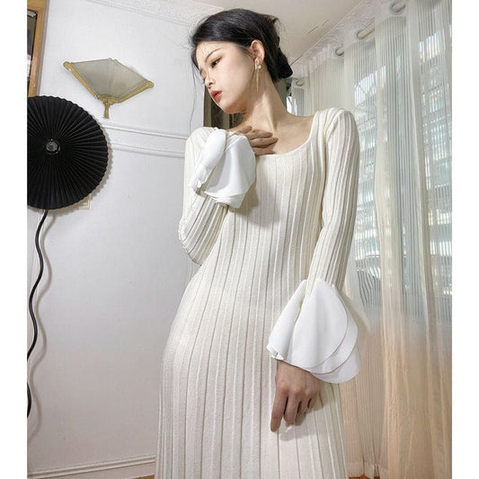 Splicing Knitting Elegant Dresses For Women Square Collar Petal Border Long Sleeve Dress