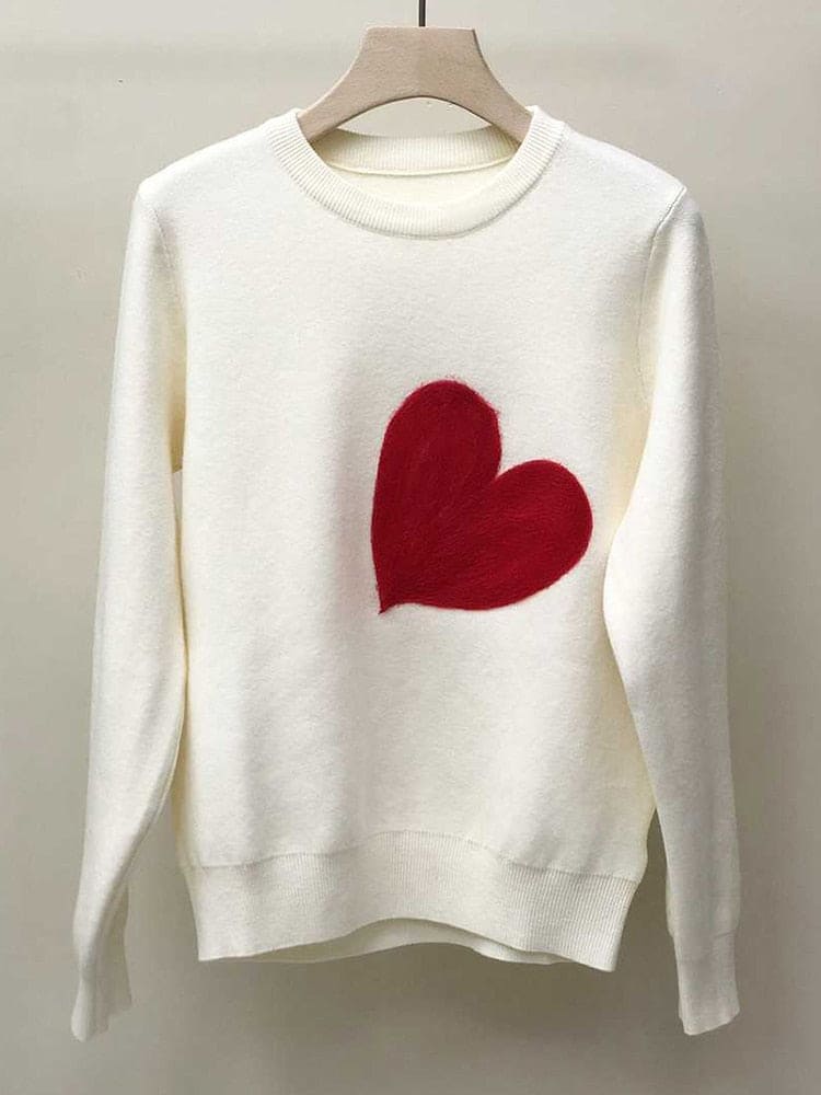 Wholesale Women Knit Sweater Embroidery Red Heart O-Neck Simple Style Fall Spring Autumn Slim Pullover Harajuku