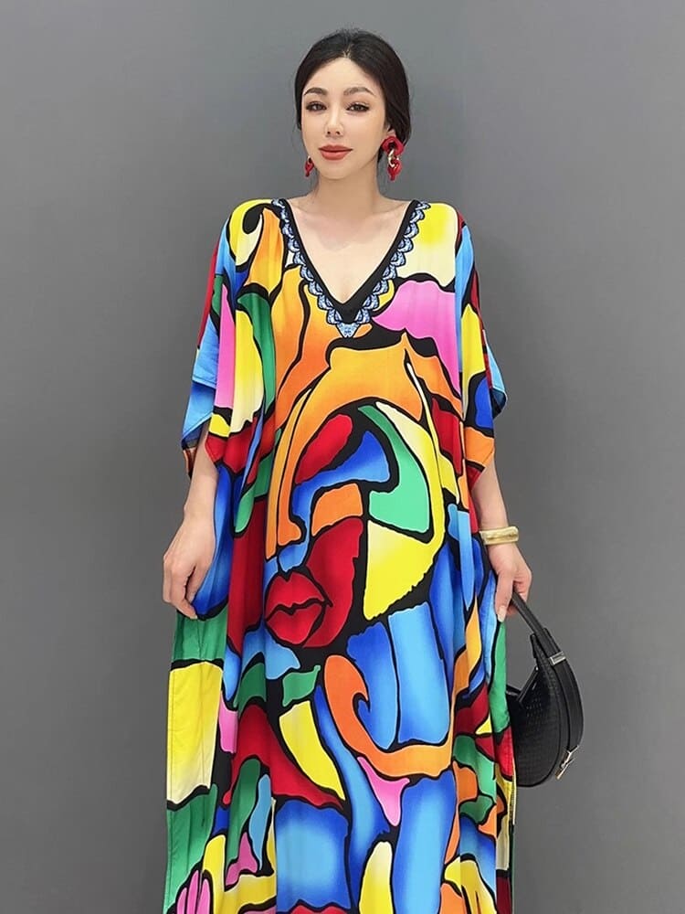 Fashion Print V-neck Loose Women Dress Personality Temperament Female Summer New Arrival Casual Trendy Dress