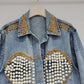 Women's Denim Coat Heart Beading Pearls Gold Rivets Loose Light Blue Long Sleeve Jackets