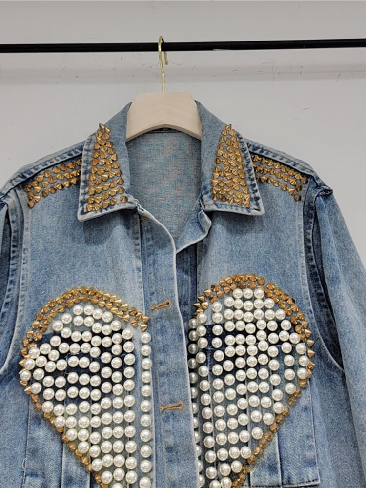 Women's Denim Coat Heart Beading Pearls Gold Rivets Loose Light Blue Long Sleeve Jackets