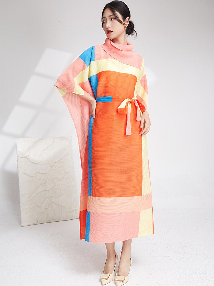 XITAO Fashion Folds Dress Turtleneck Contrast Color Splicing Bat Wing Sleeve Pullover Dress Temperament Summer New SMH1781