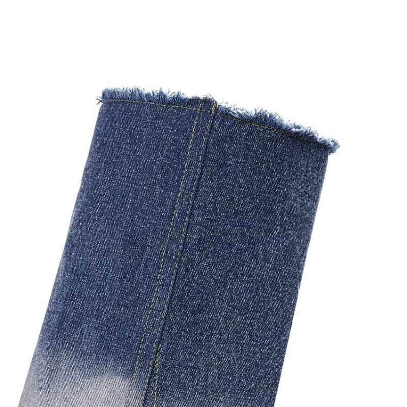 Processing Time:7-15 days after placing orders  European and American Denim Knee High Boots for Women's Four Season Thick High-heeled Color Matching Sleeve Skirt Boots