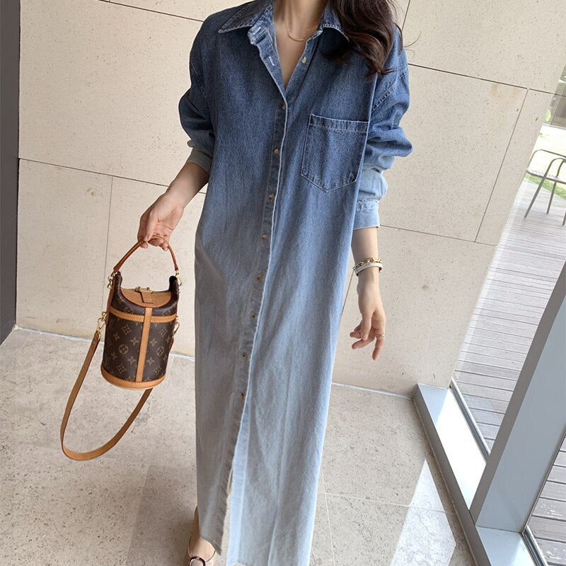 Turn-turn Collar Button Denim Dress Shirt Maxi Long Sleeve Vestido De Mujer Vintage Casual  Fall Spring Korean Femme Robe Chic