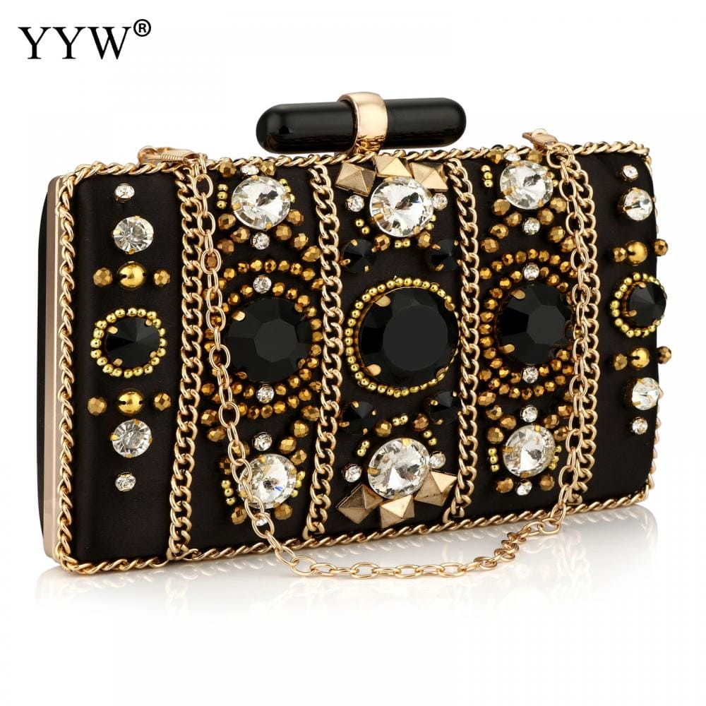 Black Satin Clutch Bag Bohemia Style Rhinestone Cocktail Party Prom Female Clutch Chic Chain Classic Boxy Shape Designer Clutch