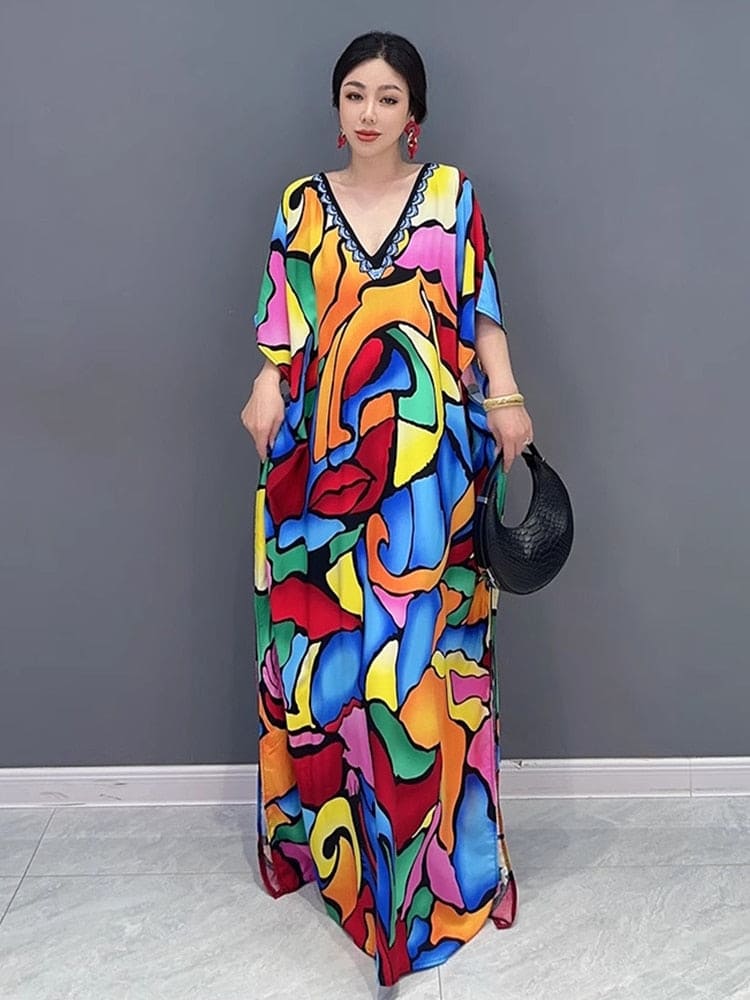 Fashion Print V-neck Loose Women Dress Personality Temperament Female Summer New Arrival Casual Trendy Dress