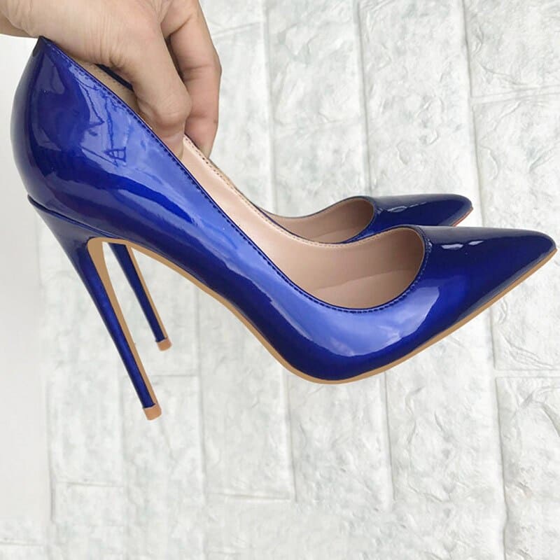 Tikicup Dark Blue Women Patent Pointed Toe Stiletto High Heels Elegant Ladies Slip On Wedding Pumps Shoes Plus Size 34-45