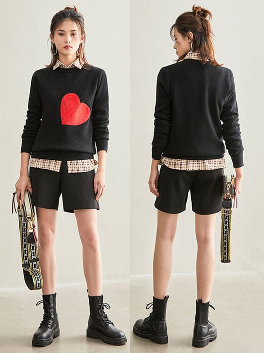 Wholesale Women Knit Sweater Embroidery Red Heart O-Neck Simple Style Fall Spring Autumn Slim Pullover Harajuku