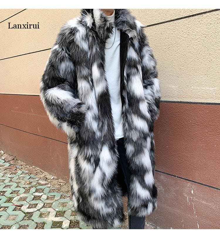 Flower Leather Fur Keep Warm Windbreak Men Coat Long Warm Mens Camouflage Thick Fur Collar Coats Jacket Faux Fur Parka Outwear