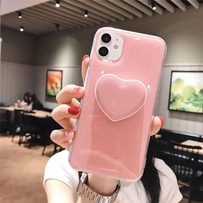 Candy Color Stand Holder Phone Case For iPhone 12 11 13 Pro Max XR XS Max X 6S 7 8 Plus 12 13 Pro Glitter Love Heart Back Cover