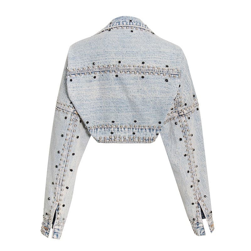 Fit Blue Denim Rivet Short Cool Jacket New Lapel Long Sleeve Women Coat Fashion Tide Spring Autumn