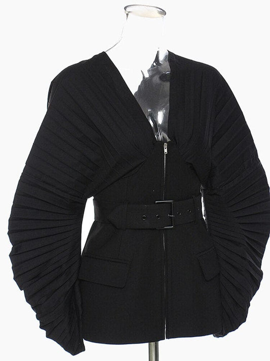 Women Black Pleated Belt Temperament Blazer New V-collarLong Sleeve Loose Fit Jacket Fashion Spring Autumn