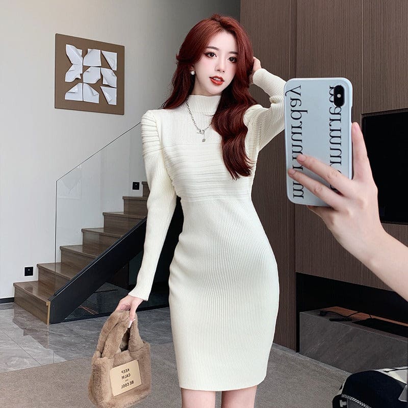 Elegant Knitting Slim Dresses For Women Solid Turtleneck Long Sleeve High Waist Bottoming Hip Wrap Dress