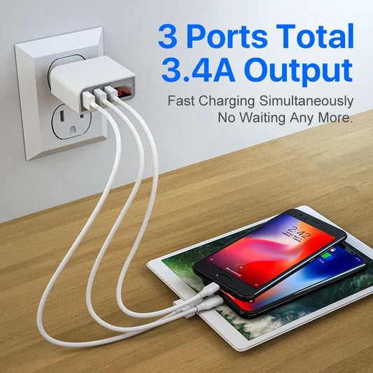 Phone Charger,EU 3.4A/5V 3 Port LED Display Usb Charger