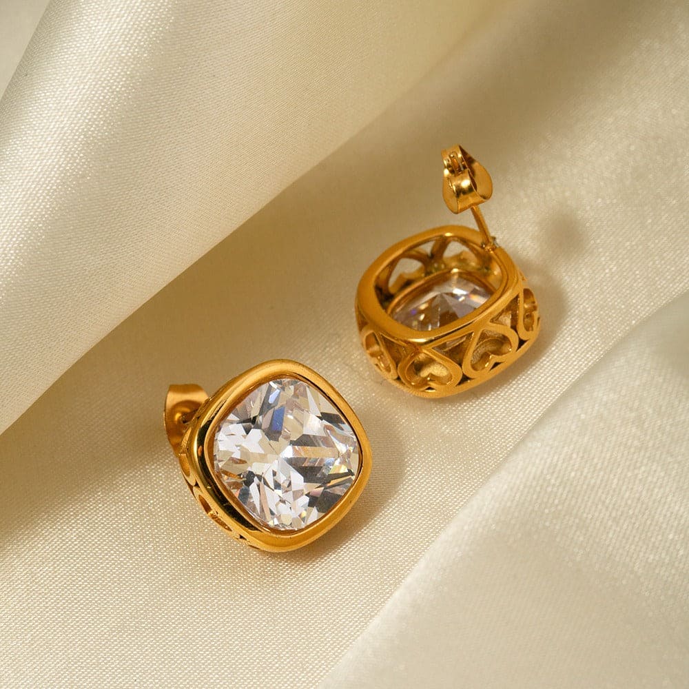 18k gold light luxury noble square hollow inlaid zircon design earrings necklace set