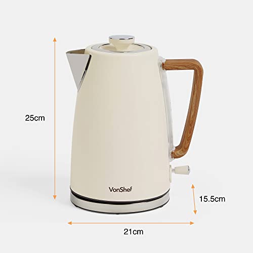 VonShef Kettle and Toaster Set – Scandi 1.7L Rapid Boil Kettle 3000W & 2 Slice Wide Slot Toaster 850W with 6 Browning Controls & High Lift, Matching Kitchen Set – Nordic Cream and Wood Accents