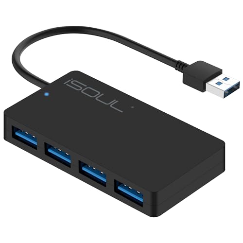 iSOUL 4-Port USB 3.0 Hub for Laptop, Ultra-Slim Data USB Hub 0.6 ft Extended Cable [Multi Port, USB Splitter] for PC, MacBook, Flash Drive, Mobile HDD, Printer [ USB Adapter, USB Extender]