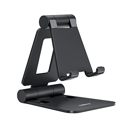 NULAXY Phone Stand, Fully Foldable Angle Height Adjustable Mobile Phone Holder Stand Dock Aluminum Desk Compatible with Phone 15 14 13 12 11 Pro Max XR X 8, HUAWEI, Galaxy, All Phones - Black