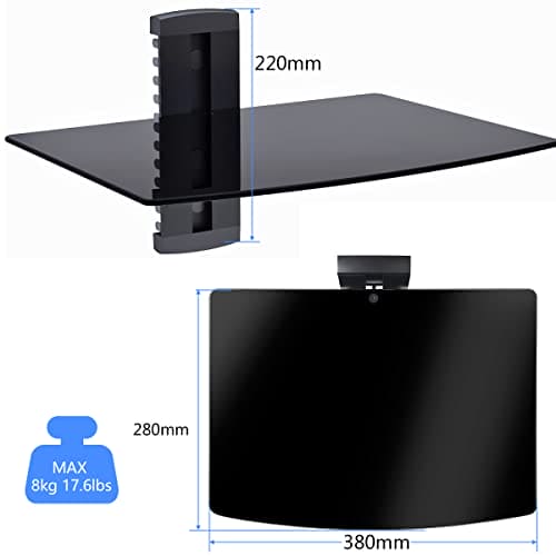 Suptek Single Floating Shelf Wall Bracket with Strengthened Tempered Glass for DVD Players/Cable Boxes/Games Consoles/TV Accessories 1 Shelf, Black, CS201