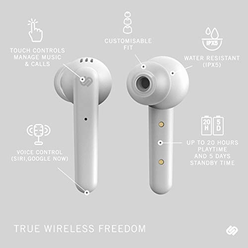 Urbanista Paris True Wireless Earphones 20H Playtime Wireless Charging Case and Bluetooth 5.0, Noise Cancelling Earphones with Touch Controls + Built-in Mic, Compatible with Android and iOS – White