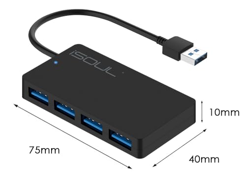 iSOUL 4-Port USB 3.0 Hub for Laptop, Ultra-Slim Data USB Hub 0.6 ft Extended Cable [Multi Port, USB Splitter] for PC, MacBook, Flash Drive, Mobile HDD, Printer [ USB Adapter, USB Extender]