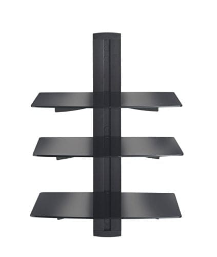 VonHaus 3-Tier Floating Black Shelves with Flat Black Wall Mount Bracket and Strengthened Tempered Black Glass | for DVD Player, Sky/Virgin Box, Games Consoles, TV Accessories and Speakers