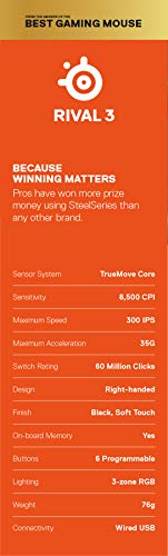 SteelSeries Rival 3 - Gaming Mouse - 8,500 CPI TrueMove Core Optical Sensor - 6 Programmable Buttons - Split Trigger Buttons - Black