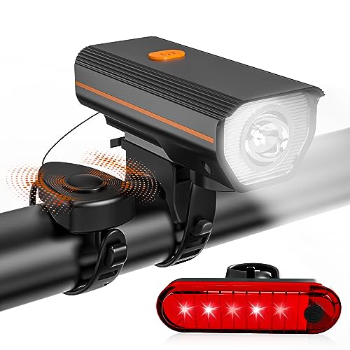 KTEBO Rechargeable Bike Lights Front and Back with Electric Bell Set, LED Ultra Bright Bicycle Lights, Road Mountain Bike Accessories for kids Adults