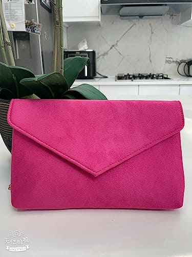 LeahWard Women's Faux Suede Leather Clutch Bag Wedding Party Evening Purse Handbags (Fuchsia)