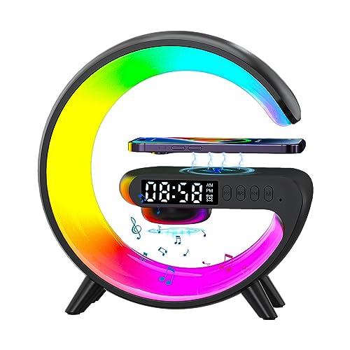 Wireless Speaker Charger | G Shape LED Wireless Charging Speaker | Atmosphere Night Light Wireless Pho ne Charger | RGB Color Changing Ambient Light Alarm Clock All in O ne LED Table Lamp for Bedroom