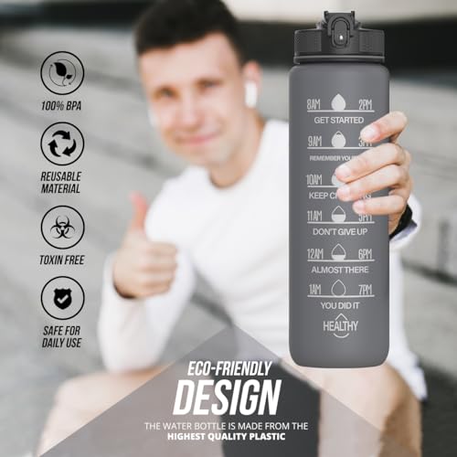 HOMEEX 1 Litre Motivational Fitness Sport Water Bottles with Straw & Time Maker, Leak-proof, BPA-free Plastic Drink Bottle 1l Design for Girls, Boy Running,cycling (Spout 1000ml Grey)