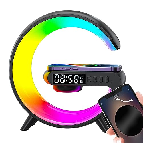 Wireless Speaker Charger | G Shape LED Wireless Charging Speaker | Atmosphere Night Light Wireless Pho ne Charger | RGB Color Changing Ambient Light Alarm Clock All in O ne LED Table Lamp for Bedroom