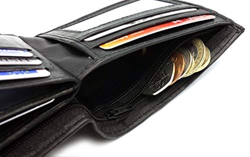 ODS:UK Mens RFID Blocking Safe Soft Leather Tri Fold Wallet Card Slots Id Window and Coin Pocket (Carbon Black)