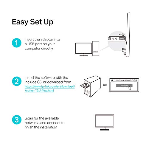 TP-Link AC1300 High Gain USB 3.0 Wi-Fi Dongle, Dual Band MU-MIMO Wi-Fi Adapter with 5dBi Antenna for PC/Desktop/Laptop, Supports Windows 11/10/8.1/8/7 (Archer T3U Plus)