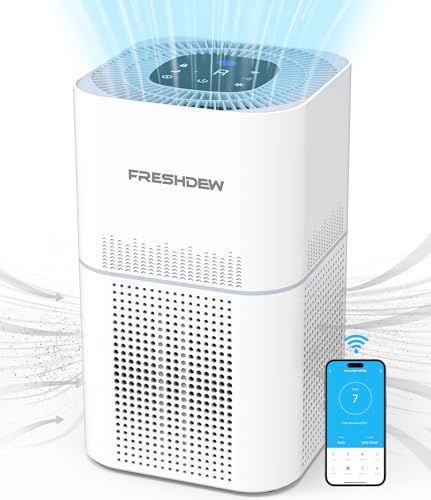 Smart Wi-Fi Air Purifier for Bedroom, FRESHDEW CADR 300 m³/h H13 True HEPA Filter with Air Quality Sensor, Pet Air Purifiers for Home up to 100m², Air Cleaner for Pets, Smoke, Dust, Works with Alexa