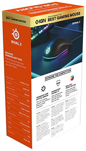 SteelSeries Rival 3 - Gaming Mouse - 8,500 CPI TrueMove Core Optical Sensor - 6 Programmable Buttons - Split Trigger Buttons - Black