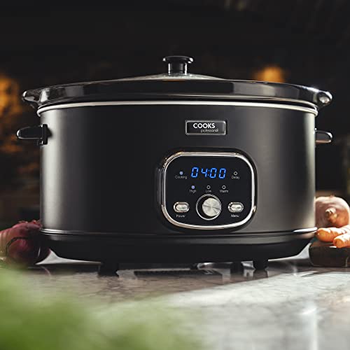 Cooks Professional Digital Slow Cooker | Slow Cookers with Glass Lid & 2 Heat Settings | Including Delay & Keep Warm Function | One Pot Cooker with Timer Delay for Large Family | 6.5 Litres