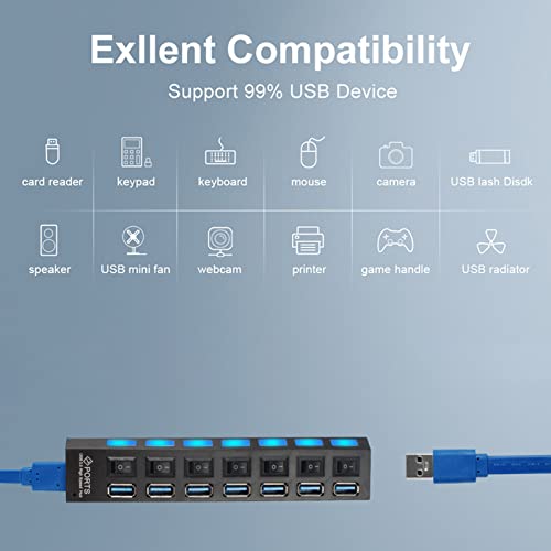 USB Hub 7-Port USB SuperSpeed USB 3.0 Hub Extender USB Hubs with Individual on/off LED Switches Power Adapter Multi Port USB Splitter Extender for PC Laptop Desktops