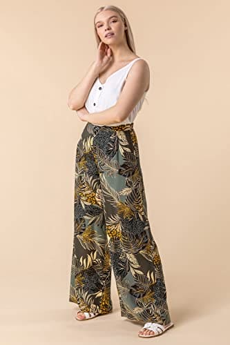 Roman Originals Women Tropical Print Wide Leg Trouser - Ladies Spring Everyday Summer Holiday Elastic Waist Soft Lightweight Comfy Cruise Vacation Loose Relaxed Bottoms - Green - Size 16