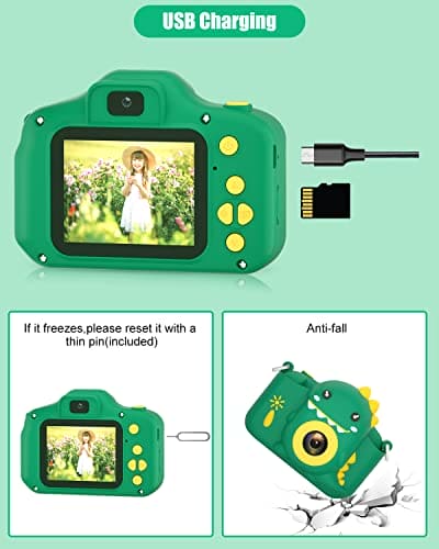 Hangrui Kids Camera, 20MP Kids Digital Dual Lens Camera with Silicone Case 2.0 Inch IPS Screen 1080P Video Camcorder, 32GB SD Card,Shockproof Childrens Camera Toy for Boys & Girls Age 3-12(Green)