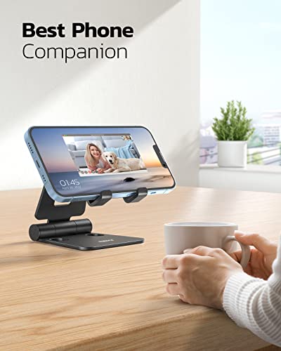 NULAXY Phone Stand, Fully Foldable Angle Height Adjustable Mobile Phone Holder Stand Dock Aluminum Desk Compatible with Phone 15 14 13 12 11 Pro Max XR X 8, HUAWEI, Galaxy, All Phones - Black