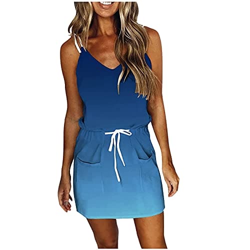 Sunmmer Dresses Womens Striped Print Skater Dress Spaghetti Strap Drawstring Waist T Shirt Mini Dress Casual Boho Beach Sundress 05 Blue L