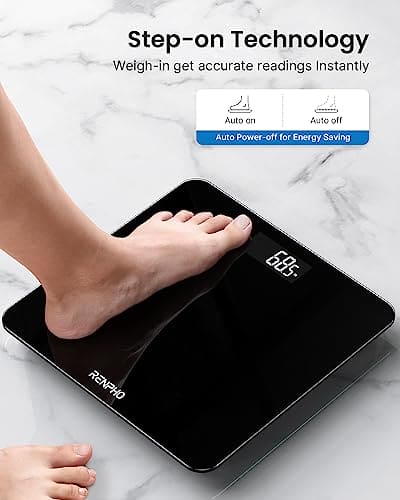 RENPHO Digital Bathroom Scales for Body Weight, Weighing Scale Electronic Bath Scales with High Precision Sensors Accurate Weight Machine for People, LED Display, Step-On, Black, Core 1S