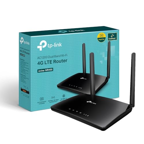 TP-Link Archer MR400 AC1200 Dual Band 4G Mobile Wi-Fi Router, SIM Slot Unlocked, No Configuration Required, Removable Wi-Fi Antennas, UK Plug , black