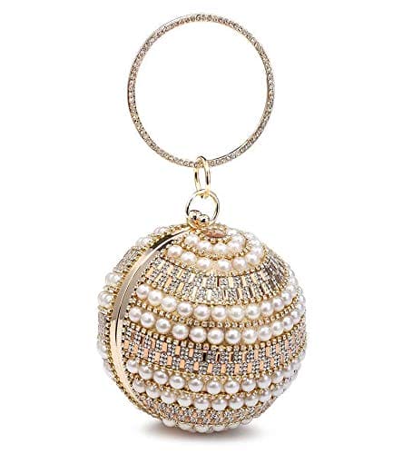 FoxLady Women's Sparkling Crytals Pearl Studded Ball Shape Evening Clutch Bag (Gold)