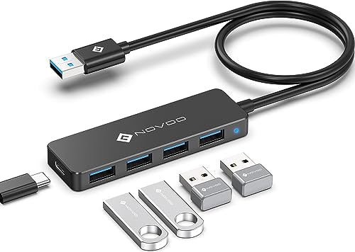 NOVOO Ultra Slim USB Hub 3.0 with 600mm Extended Cable 4 High-Speed Ports, 5Gbps Data Transfer, Usb Adapter 5V/2A Power Supply Port, USB Splitter Compatibility for MacBook Pro M2, Laptop, Mobile HDD