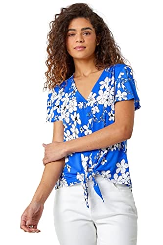 Roman Originals Floral Print Tie Front Top for Women UK - Ladies Everyday Holiday Spring Summer V Neckline Comfy Soft Evening Vacation Work Party - Royal Blue - Size 20