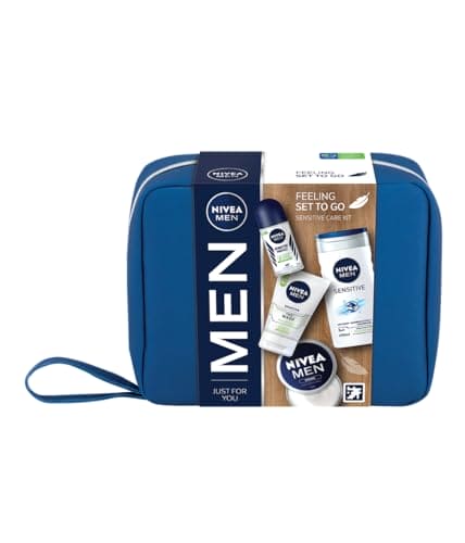 NIVEA MEN Feeling Set To Go Sensitive Care Kit Gift Set, Men's Gift Set Includes Face Wash, Shower Gel, Anti-Perspirant and Moisturiser, Men's Skincare