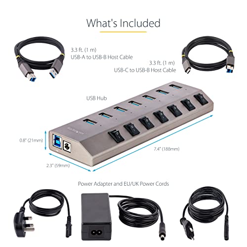 StarTech 7-Port Self-Powered USB-C Hub with Individual On/Off Switches, USB 3.0 5Gbps Expansion w/Power Supply, Desktop/Laptop to USB-A, Type C w/BC 1.2 (5G7AIBS-USB-HUB-EU), Space Gray