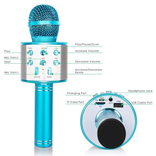 KIDWILL Karaoke Wireless Bluetooth Microphone for Kids, 5-in-1 Portable Handheld Karaoke Mic Speaker Player Recorder with Adjustable Remix FM Radio for Kids Adults Birthday Party KTV Christmas (Blue)